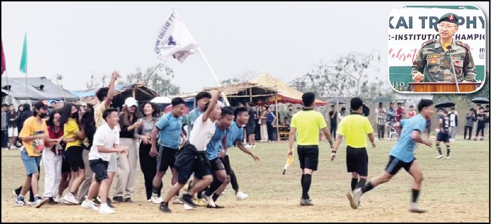 Players and supporters of the Sakus Mission College celebrate after winning the tie-breaker against Testso College in the football final match of the 1st Patkai Trophy on April 1 at PCC (A) playground. (Inset) Guest of Honour, Lieutenant Colonel CH Jacob, the Second-in-Command of 7 Assam Rifles, Ghaspani addresses the closing ceremony of the 1st Patkai Trophy on April 1 at the PCC (A) playground. (Morung Photos)